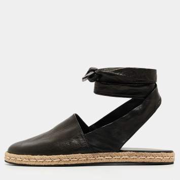 Pre Owned Moncler Black Leather Ankle Tie Espadrille Flats Size 37