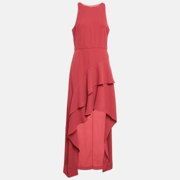 Pre Owned Monique Lhuillier Pink Crepe Ruffled Asymmetric Midi Dress L