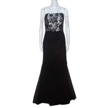 Pre Owned Monique Lhuillier Monochrome Floral Lace Bodice Detail Flared Strapless Gown L
