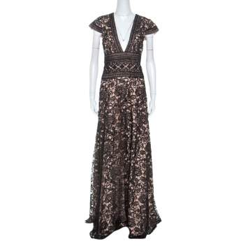 Pre Owned Monique Lhuillier Black And Beige Lace V Neck Maxi Dress L