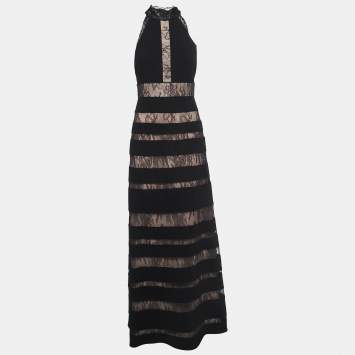 Pre Owned ML by Monique Lhuillier Black Lace And Crepe High Neck Gown M