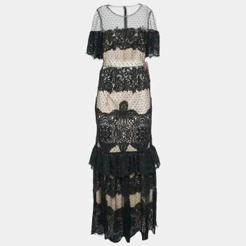 Pre Owned Monique Lhuillier Black Lace Short Sleeve Maxi Dress S