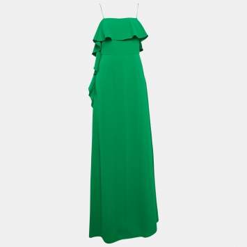 Pre Owned Monique Lhuillier Green Crepe Ruffled Maxi Slip Dress M