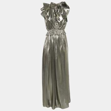 Pre Owned Monique Lhuillier Metallic Silk Lurex Ruffled Neck Tie-Up Detail Maxi Dress S