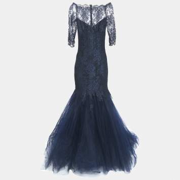 Pre Owned Monique Lhuillier Collection Navy Blue Floral Lace Layered Tulle Gown L