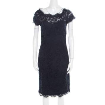 Pre Owned ML by Monique Lhuillier Navy Blue Lace Diamond Back Cap Sleeve Sheath Dress M