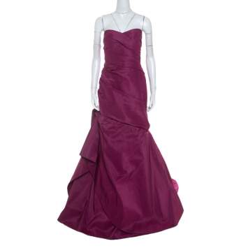Pre Owned Monique Lhuillier Garnet Purple Silk Tufted Skirt Strapless Gown XL 