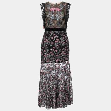 Pre Owned ML By Monique Lhuillier Black Floral Lace Sleeveless Gown L