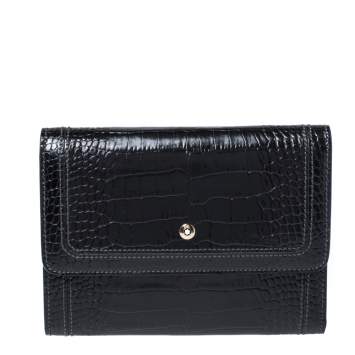 Pre Owned Montblanc Black Croc Embossed Leather Trifold Wallet
