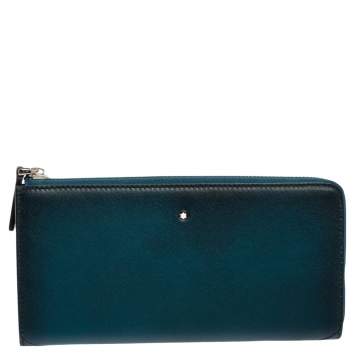 Pre Owned Montblanc Ombre Teal Blue Leather Meisterstuck Zip Around Wallet