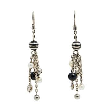Pre Owned Montblanc Sterling Silver Pearl & Onyx Drop Earrings