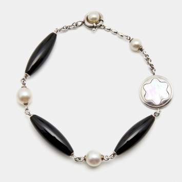 Pre Owned Montblanc Mother Of Pearl Onyx Sterling Silver Station Bracelet