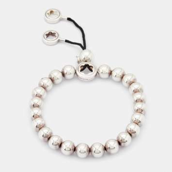 Pre Owned Montblanc Star Beads Black Cord Silver Bracelet