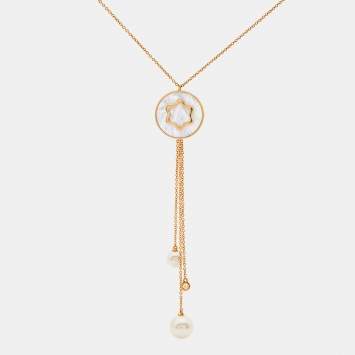 Pre Owned Montblanc Signet Mother of Pearl Diamond Cultured Pearl 18k Rose Gold Tassel Pendant Necklace