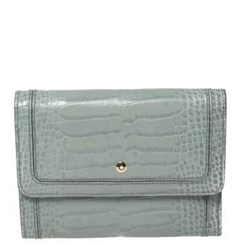 Pre Owned Montblanc Blue Croc Embossed Leather Trifold Wallet