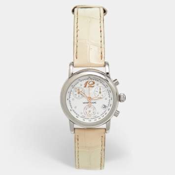 Pre Owned Montblanc White Stainless Steel Leather Mini Star 7039 Women's Wristwatch 32 mm
