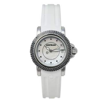 Pre Owned Montblanc MOP Diamonds Stainless Steel Rubber Sport 9650 Women's Wristwatch 34MM