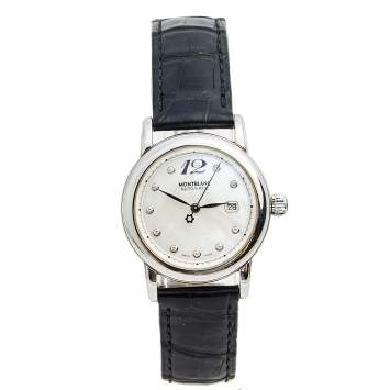 Pre Owned Montblanc Mother of Pearl Diamond Stainless Steel Alligator Meisterstuck 7087 Women's Wristwatch 32 mm