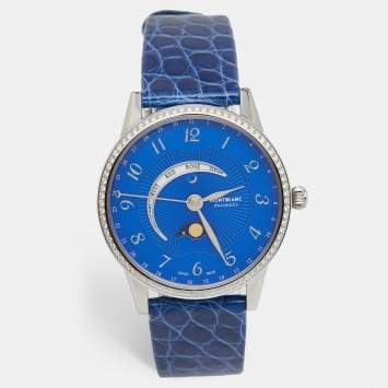 Pre Owned Montblanc Blue Stainless Steel Diamond Alligator Boheme Moongarden 113826 Women's Wristwatch 36 mm