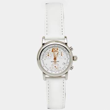 Pre Owned Montblanc White Stainless Steel Leather Mini Star 7039 Women's Wristwatch 32 mm