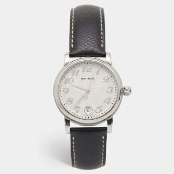 Pre Owned Montblanc Silver Stainless Steel Leather Star 7042 Women's Wristwatch 31 mm 