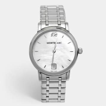 Pre Owned Montblanc White Mother Of Pearl Stainless Steel Star Classique 108764 Women's Wristwatch 34 mm