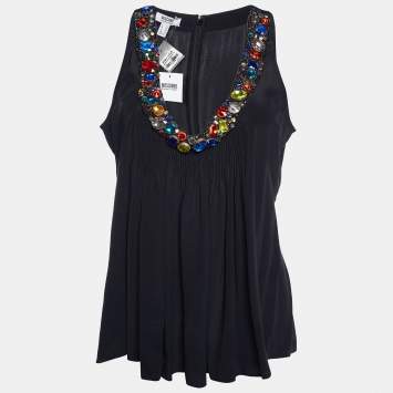Pre Owned Moschino Cheap and Chic Black Silk Embellished Neck Sleeveless Top M