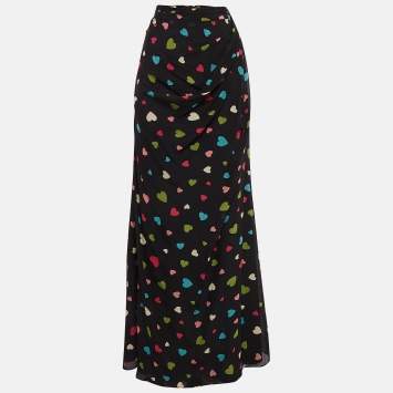 Pre Owned Moschino Cheap and Chic Black Heart Print Silk Maxi Skirt S