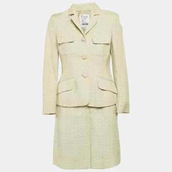 Pre Owned Moschino Cheap and Chic Green Tweed Shell Closure Skirt Suit M