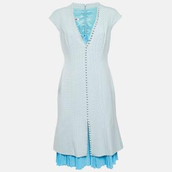 Pre Owned Moschino Cheap and Chic Blue Houndstooth Wool Blend Buttoned Short Dress M