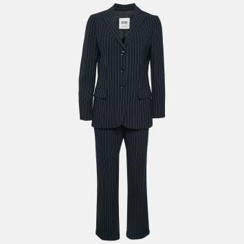 Pre Owned Moschino Cheap & Chic Navy Blue Textured Stripe Print and Wool Pants Suit M