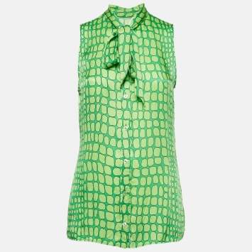 Pre Owned Moschino Cheap and Chic Green Printed Silk Sleeveless Blouse M