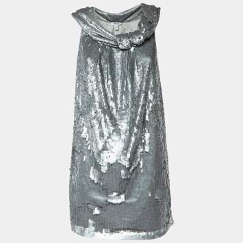 Pre Owned Moschino Cheap and Chic Silver Sequined Bow Detail Mini Dress S 