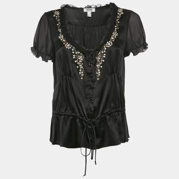 Moschino Black Embroidered Satin Silk Ruffled Detail Blouse M