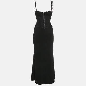 Pre Owned Moschino Cheap and Chic Black Lace Trim Stretch Crepe Lace-Up Corset Maxi Dress S