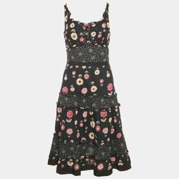 Moschino Cheap and Chic Dark Blue Floral Print Cotton Tiered Short Dress S