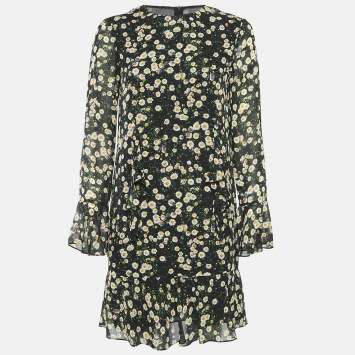 Moschino Cheap and Chic Black Floral Print Silk Ruffled Mini Dress S