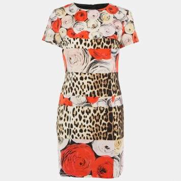 Pre Owned Moschino Cheap and Chic Multicolor Leopard Rose Print Crepe Shift Dress M