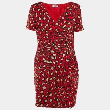 Pre Owned Moschino Cheap and Chic Red Animal Print Satin Mini Dress L