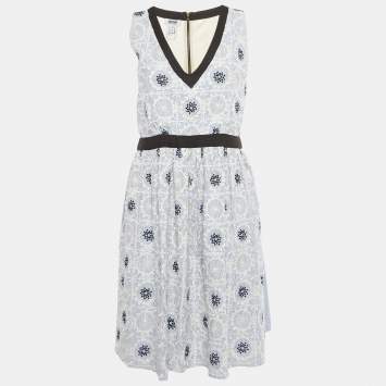 Pre Owned Moschino Cheap and Chic Blue /White Striped Embroidered Cotton Blend Midi Dress L