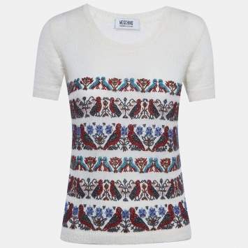 Pre Owned سويتر موسكينو شيب أند شيك موهير أبيض محبب بأكمام قميص مقاس متوسط (ميديم)