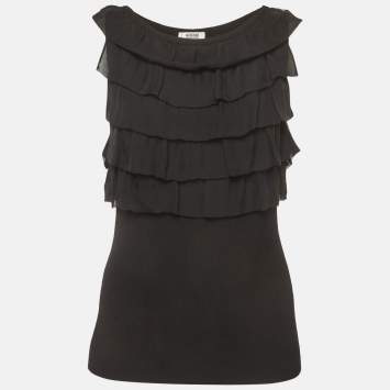 Pre Owned بلوزة موسكينو شيب آند شيك سوداء بتريكو مضلع وكشكش من الشيفون مقاس كبير