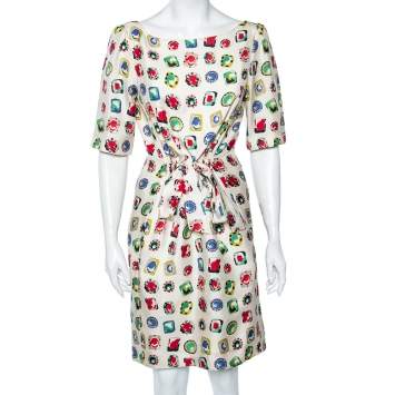 Pre Owned Moschino Cheap And Chic Cream Jewel Print Silk Dress M