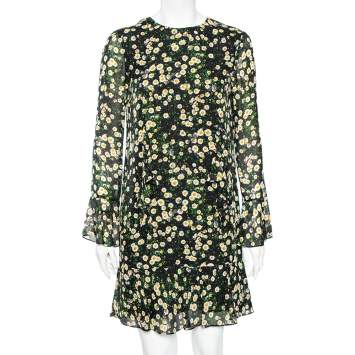 Pre Owned Moschino Cheap and Chic Black Floral Printed Silk Ruffle Detail Shift Dress S