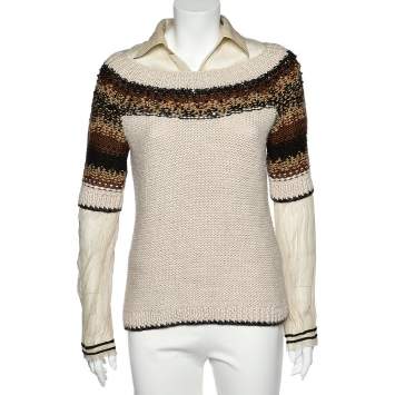 Pre Owned Moschino Cheap and Chic Cream Embellished Cable Knit Contrast Detail Sweater M