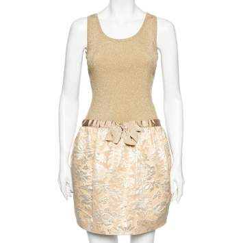 Pre Owned Moschino Cheap and Chic Gold Lurex Knit & Floral Jacquard Skirt Short Dress S