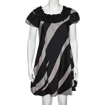 Pre Owned Moschino Cheap and Chic Monochrome Striped Silk Ruffled Neck Detail Mini Dress M