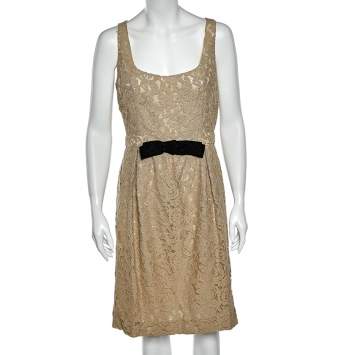 Pre Owned Moschino Cheap and Chic Cream Lace Bow Trim Sleeveless Midi Dress M