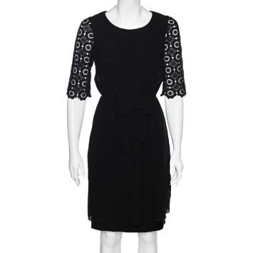 Pre Owned Moschino Cheap and Chic Black Chiffon & Lace Sleeve Midi Dress S