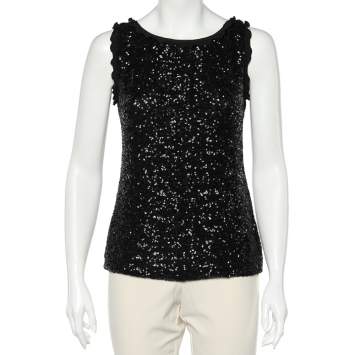 Pre Owned Moschino Cheap and Chic Black Sequined Ruffle Trim Tie Detail Sleeveless Top M